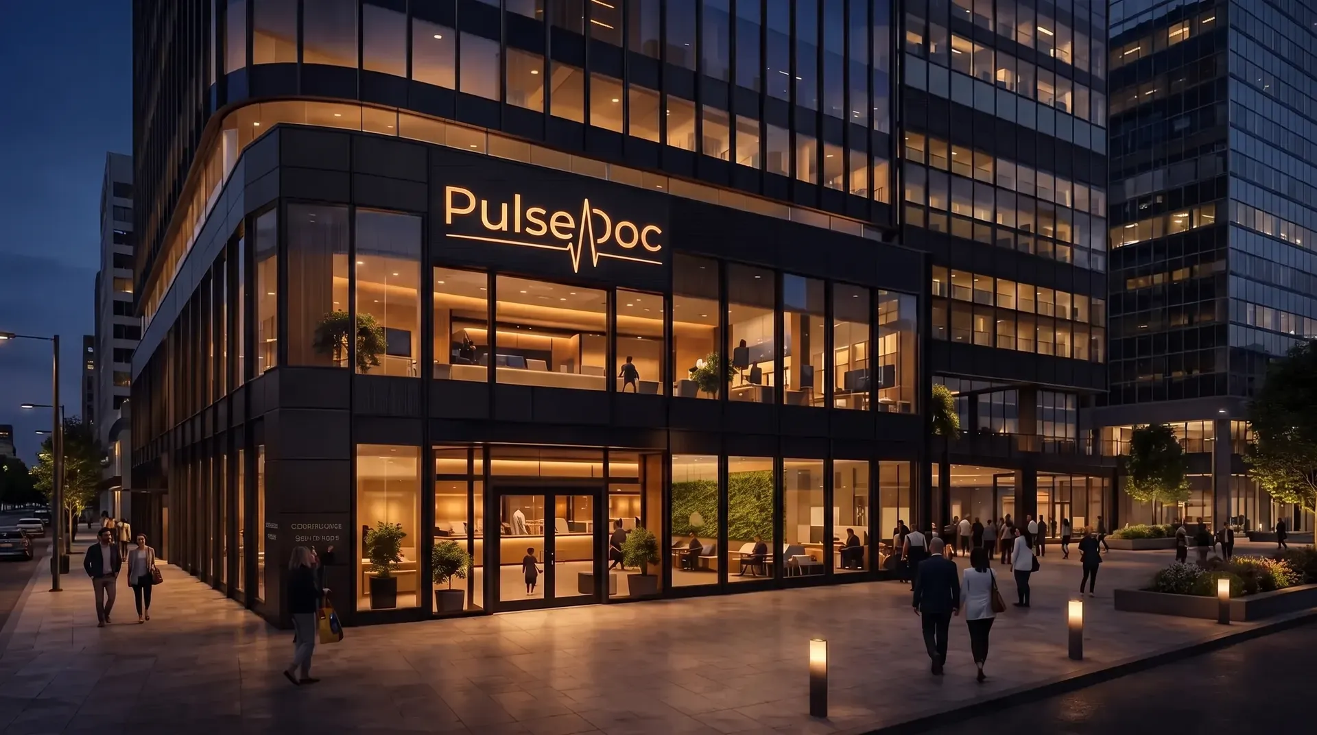 The PulseDoc centre, lit at dusk